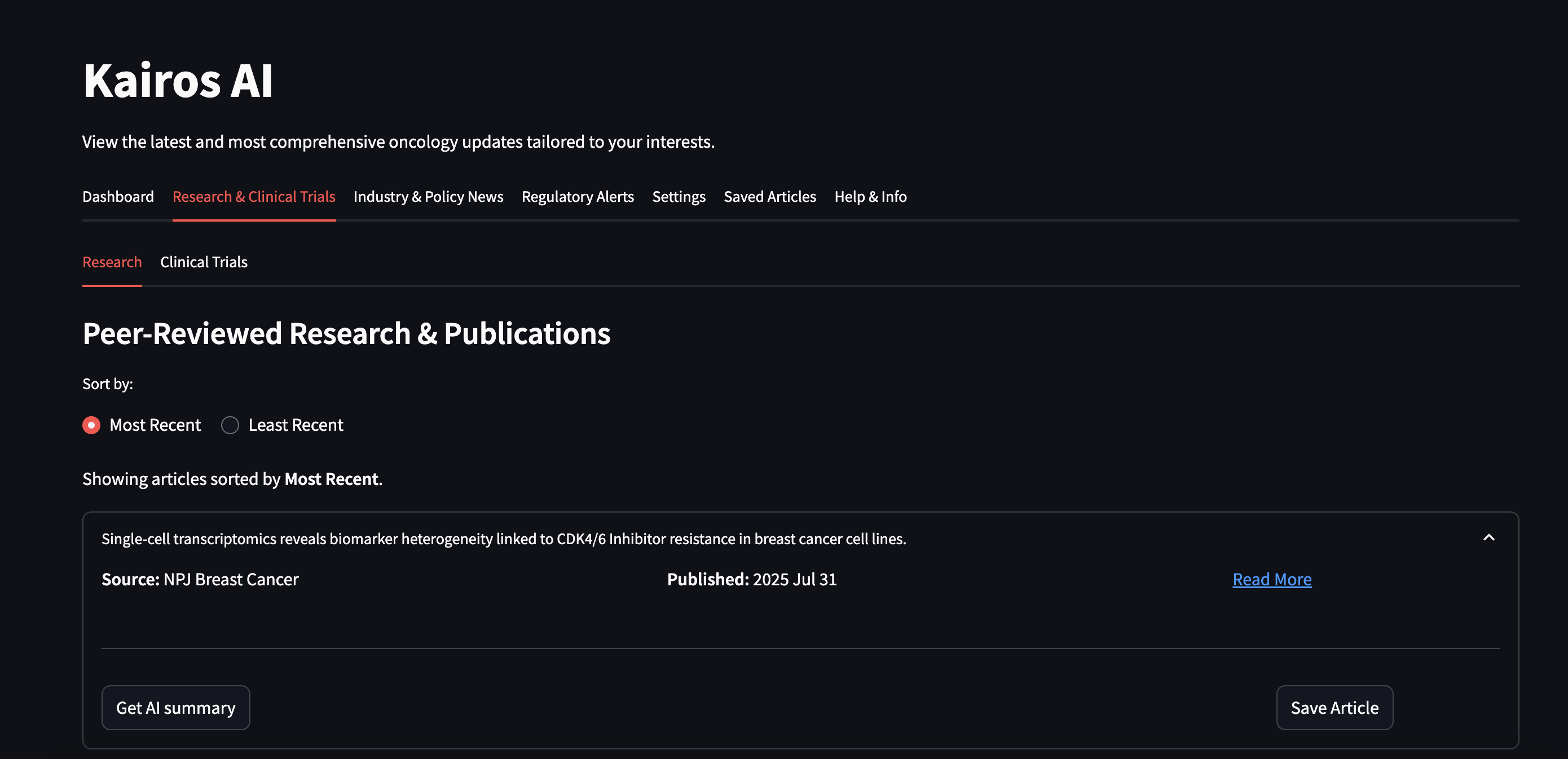 Kairos AI dashboard showing peer-reviewed research and publications with sorting options